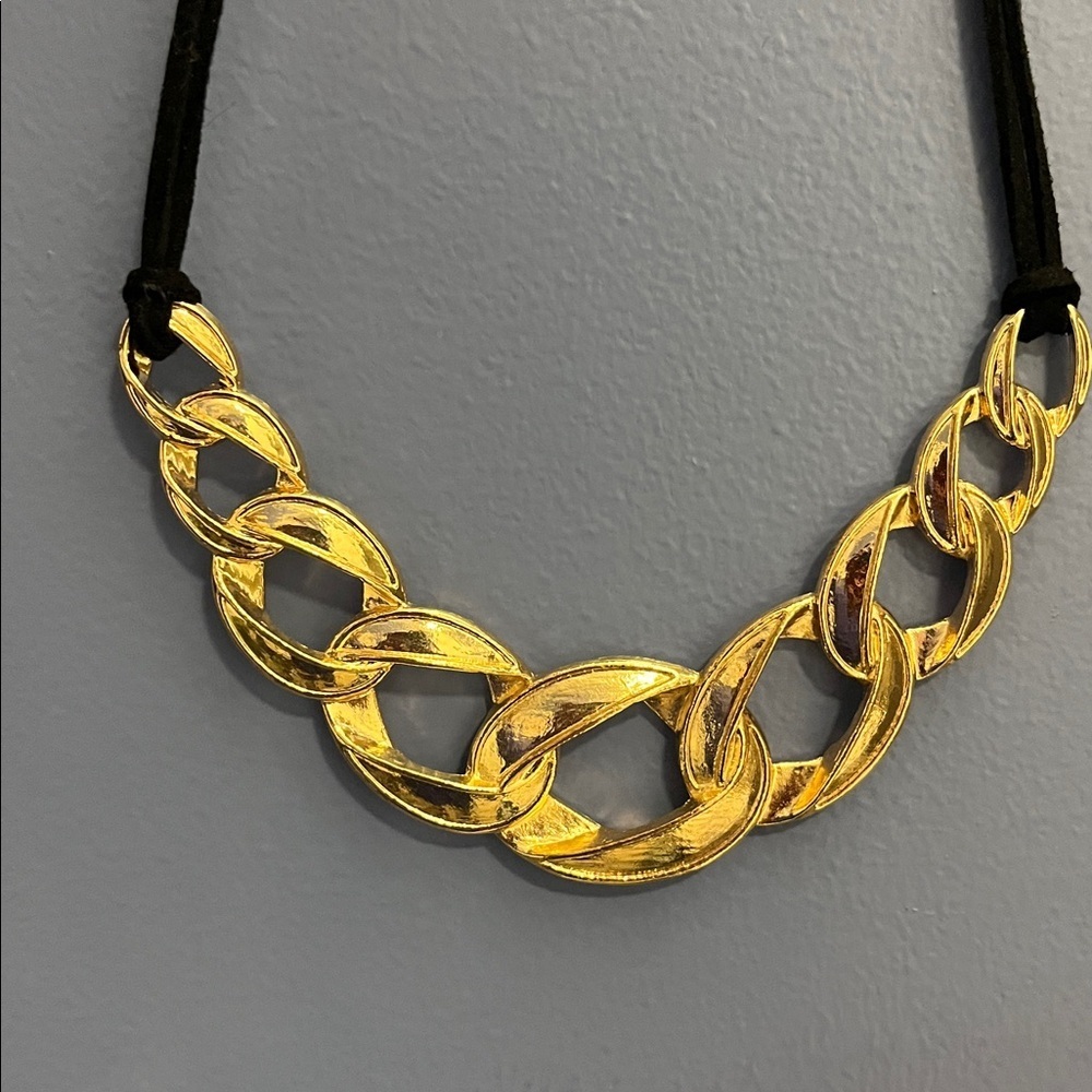 Gold tone metal and black cord Statement Necklace - Picture 2 of 5